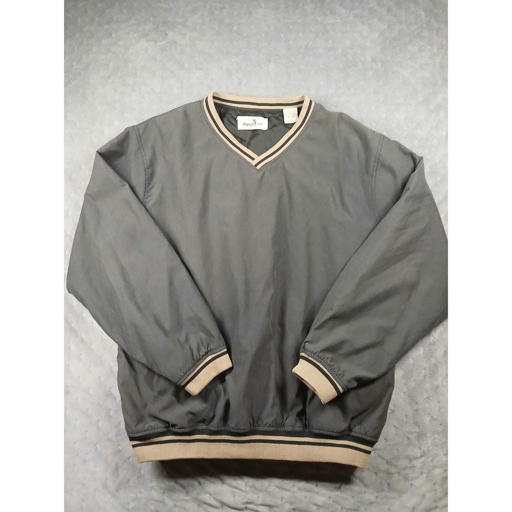 Frenzi Golf Mens XL V-Neck Windbreaker Pullover Gray Tan Striped Trim Lined
